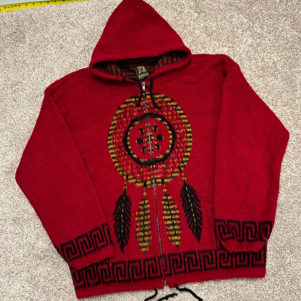 Vintage Ruminahui Full Zip Hooded Sweater Wool Aztec Tribal Men Size Large